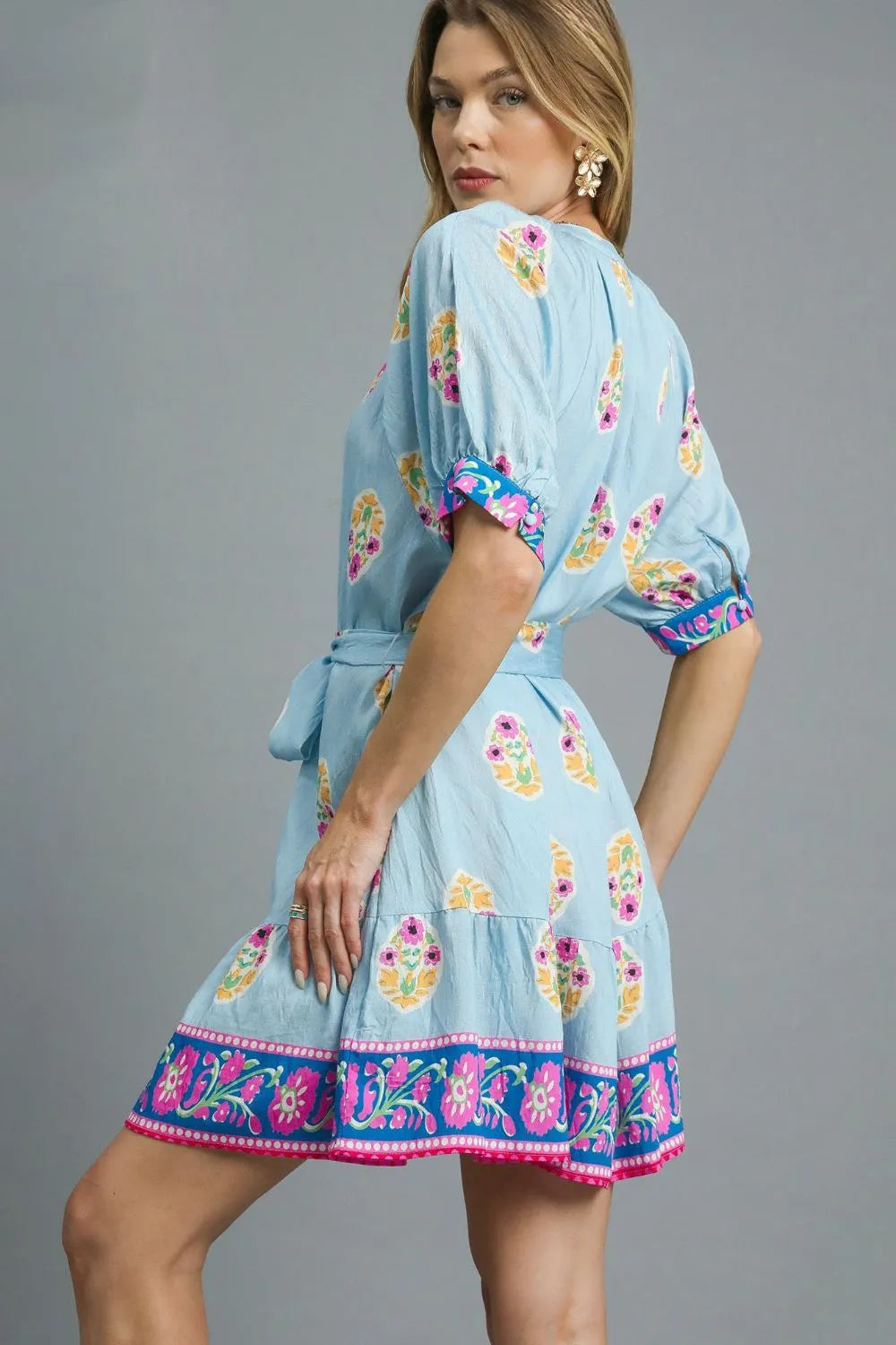 Umgee Floral Print Tie Waist Short Sleeve Dress - LoveNest Treasures