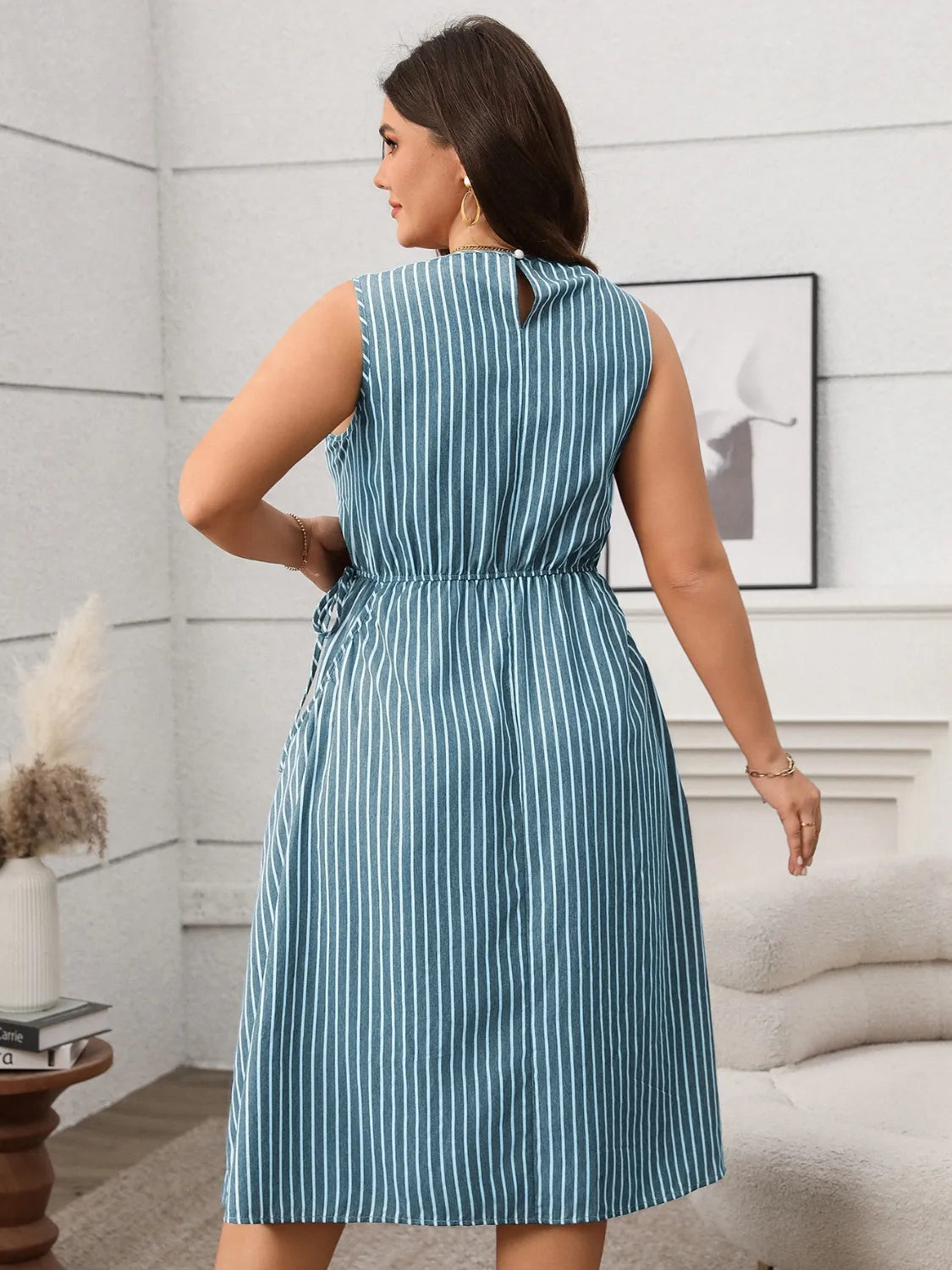 Plus Size Striped Round Neck Sleeveless Dress - LoveNest Treasures