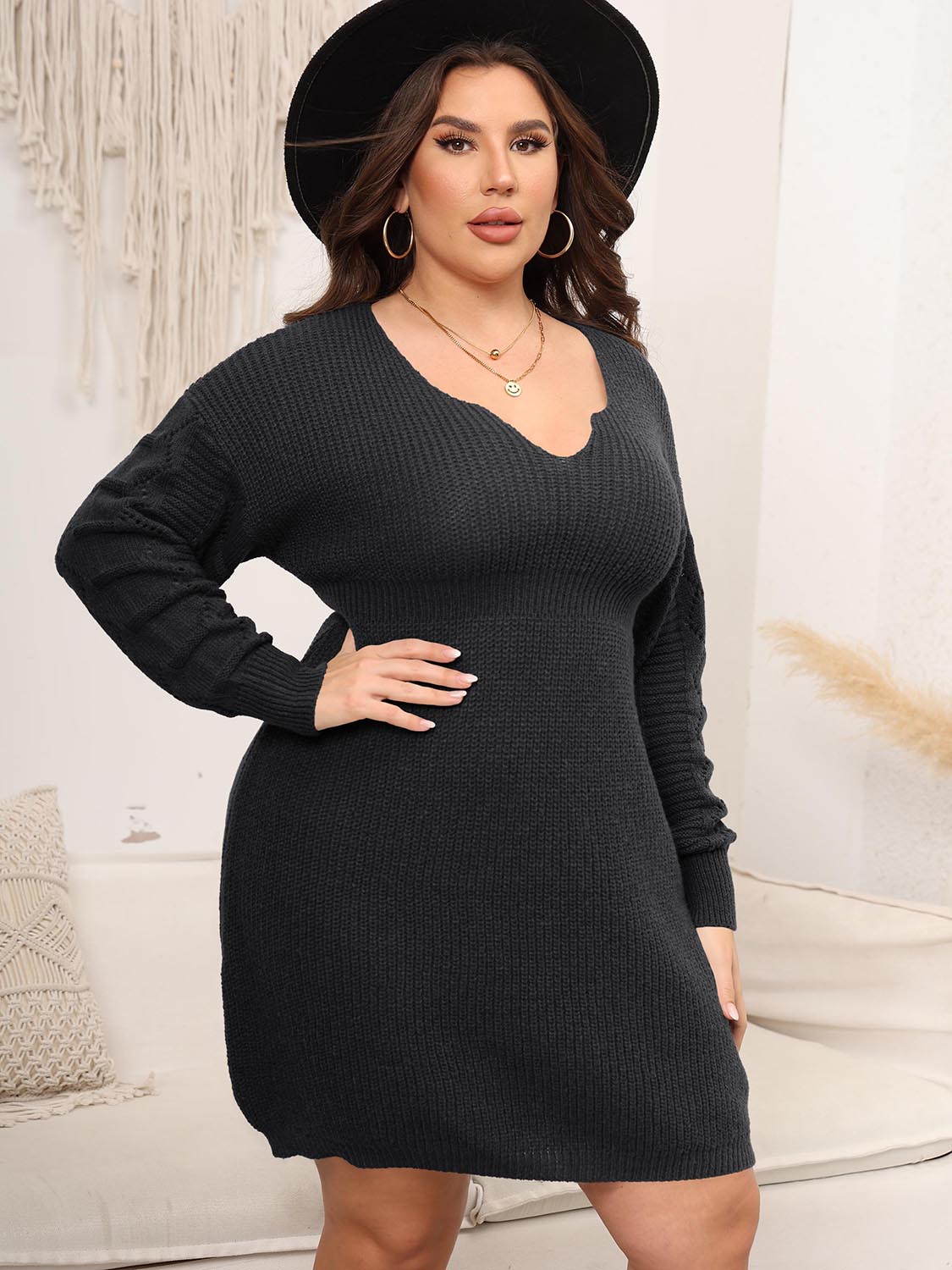 Plus Size Dropped Shoulder Long Sleeve Knit Mini Dress - LoveNest Treasures