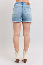 Judy Blue Full Size High Waist Western Embroidery Detail Cut Off Denim Shorts Plus Size - LoveNest Treasures
