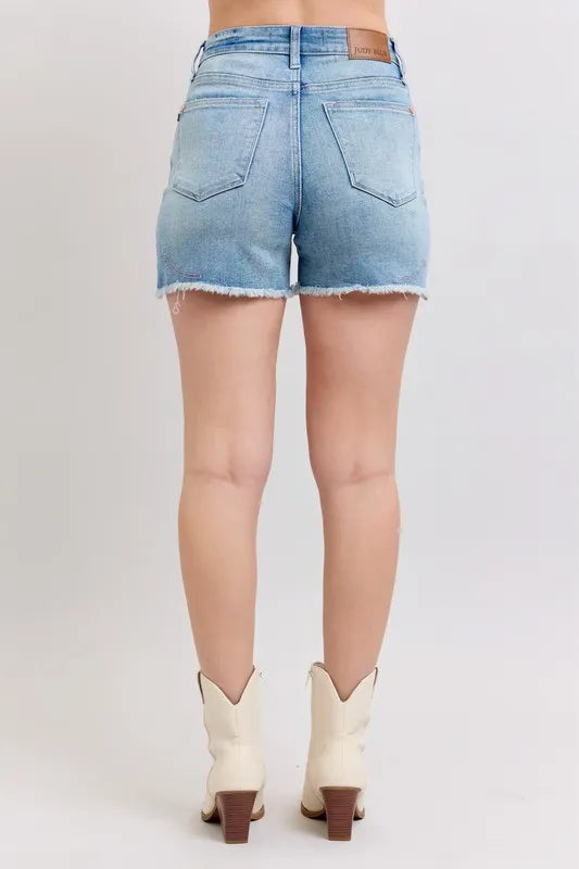 Judy Blue Full Size High Waist Western Embroidery Detail Cut Off Denim Shorts Plus Size - LoveNest Treasures