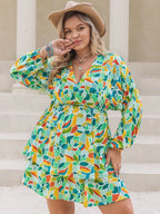 Plus Size Printed Surplice Long Sleeve Mini Dress - LoveNest Treasures