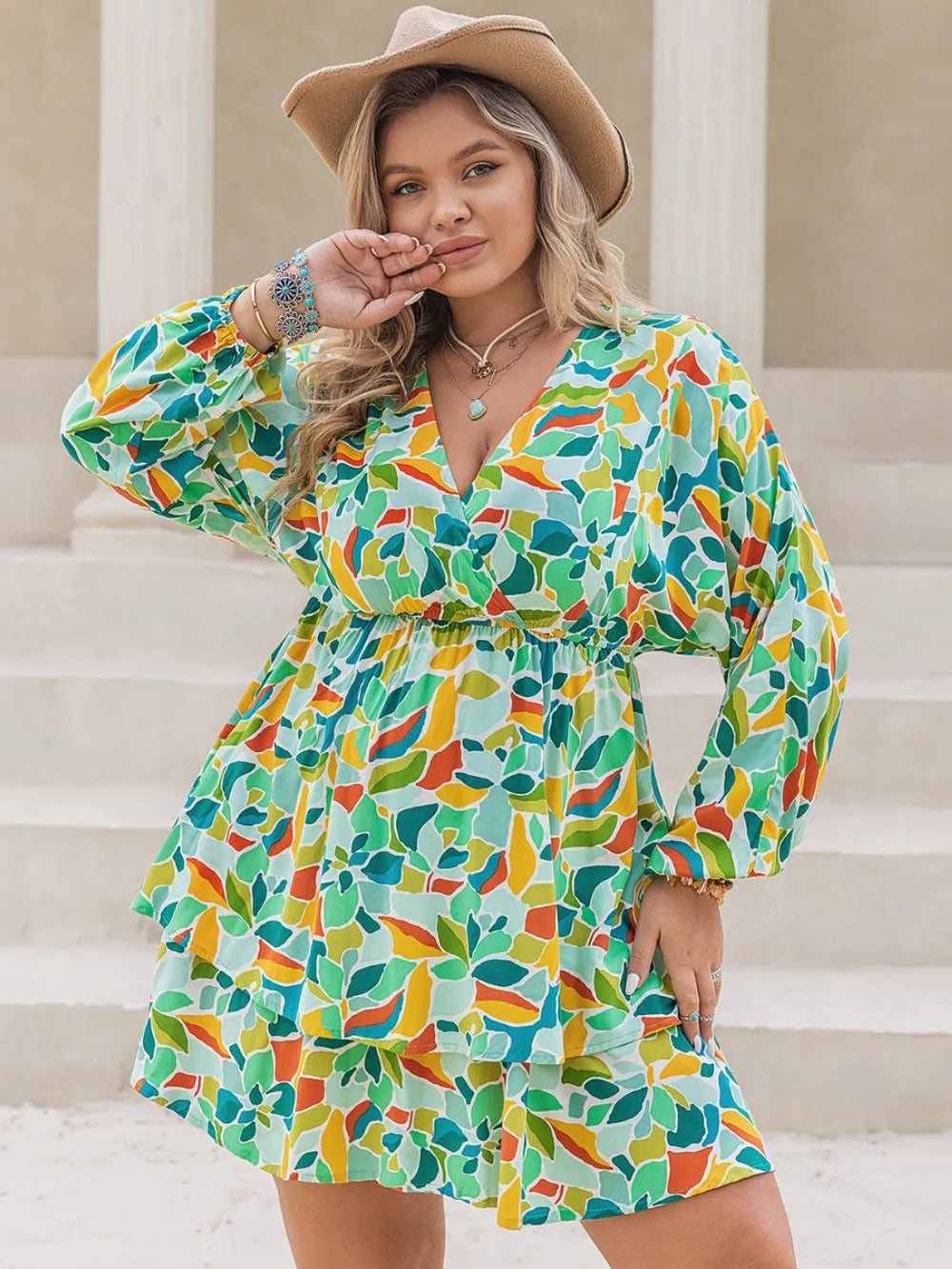 Plus Size Printed Surplice Long Sleeve Mini Dress - LoveNest Treasures