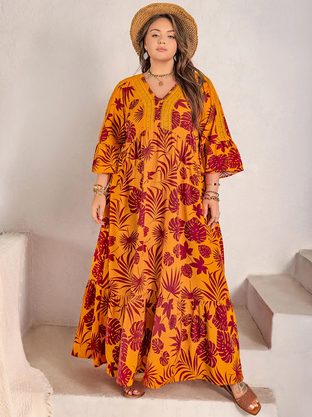Plus Size Lace Detail Printed V-Neck Maxi Dress - LoveNest Treasures