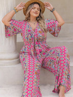 Plus Size Printed Half Sleeve Wide Leg Jumpsuit - LoveNest Treasures
