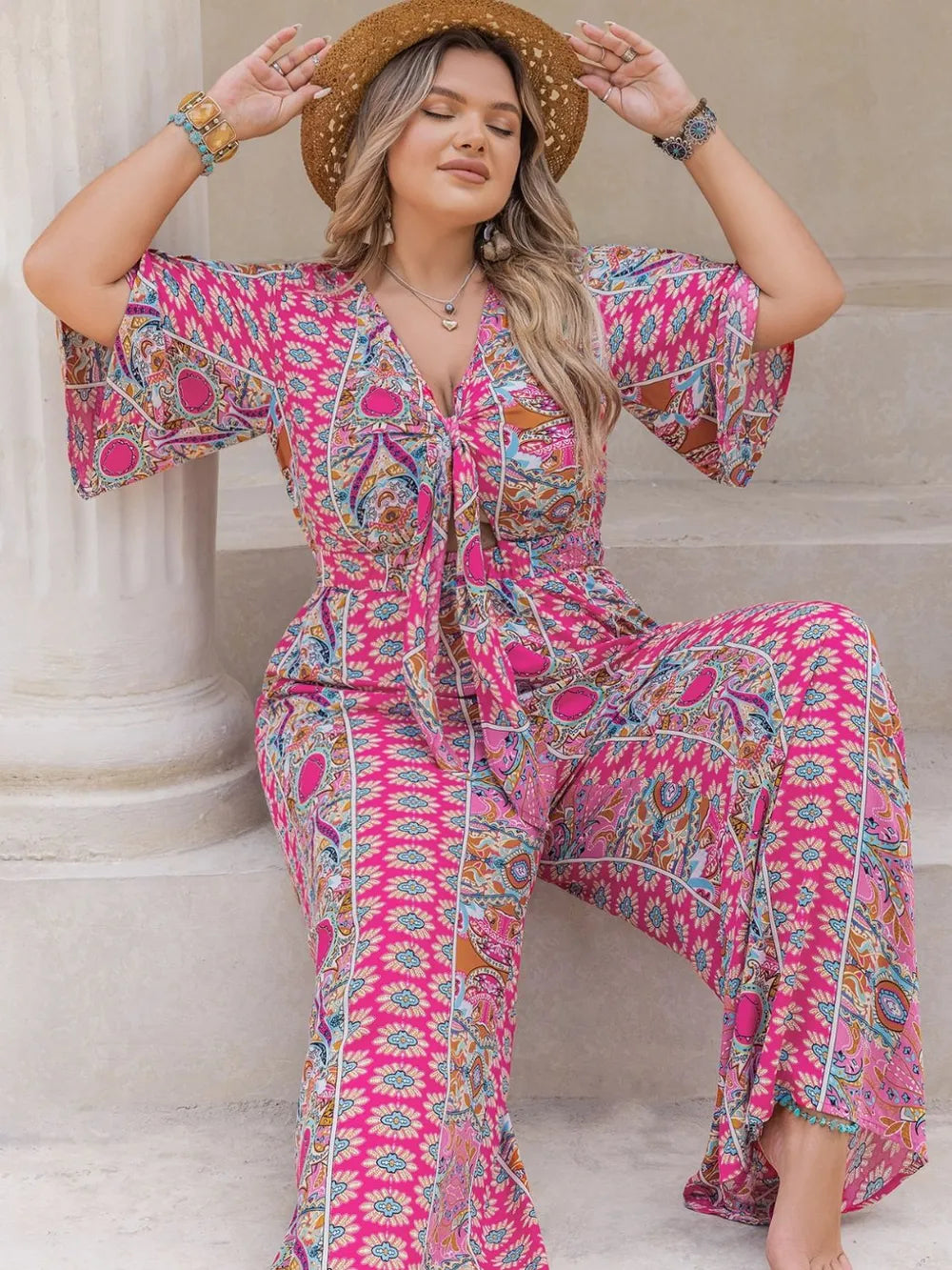 Plus Size Printed Half Sleeve Wide Leg Jumpsuit - LoveNest Treasures
