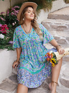 Plus Size Ruffled Hem Lace Detail Printed Half Sleeve Dress - LoveNest Treasures