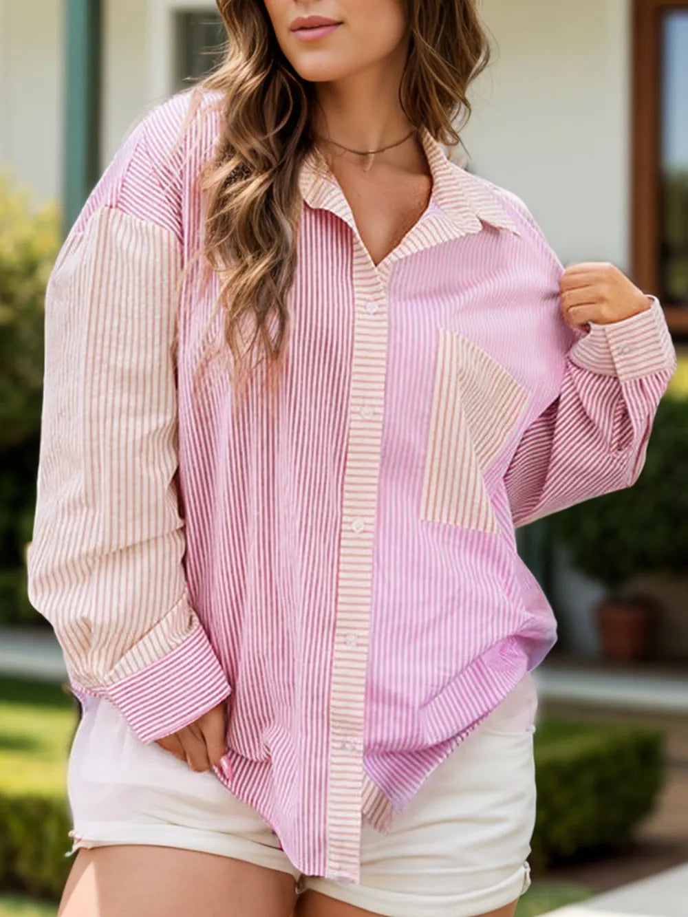 Plus Size Striped Collared Neck Long Sleeve Shirt - LoveNest Treasures