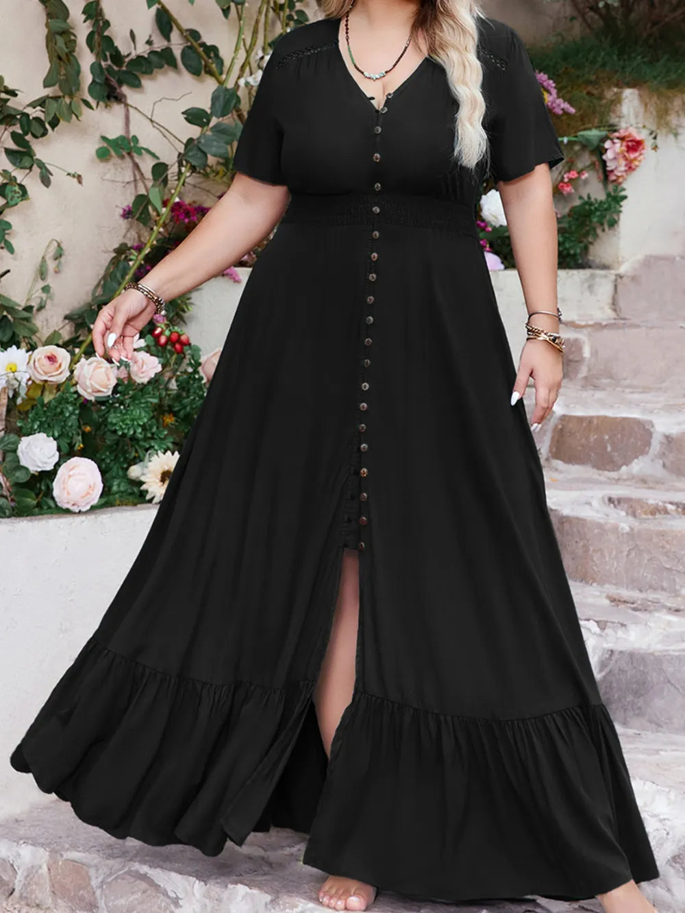Plus Size Ruffled Hem Button Down V-Neck Short Sleeve Maxi Dress - LoveNest Treasures