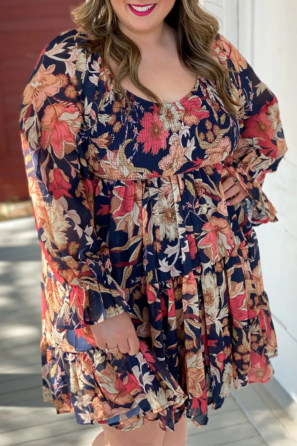 Plus Size Smocked Printed Long Sleeve Dress - LoveNest Treasures