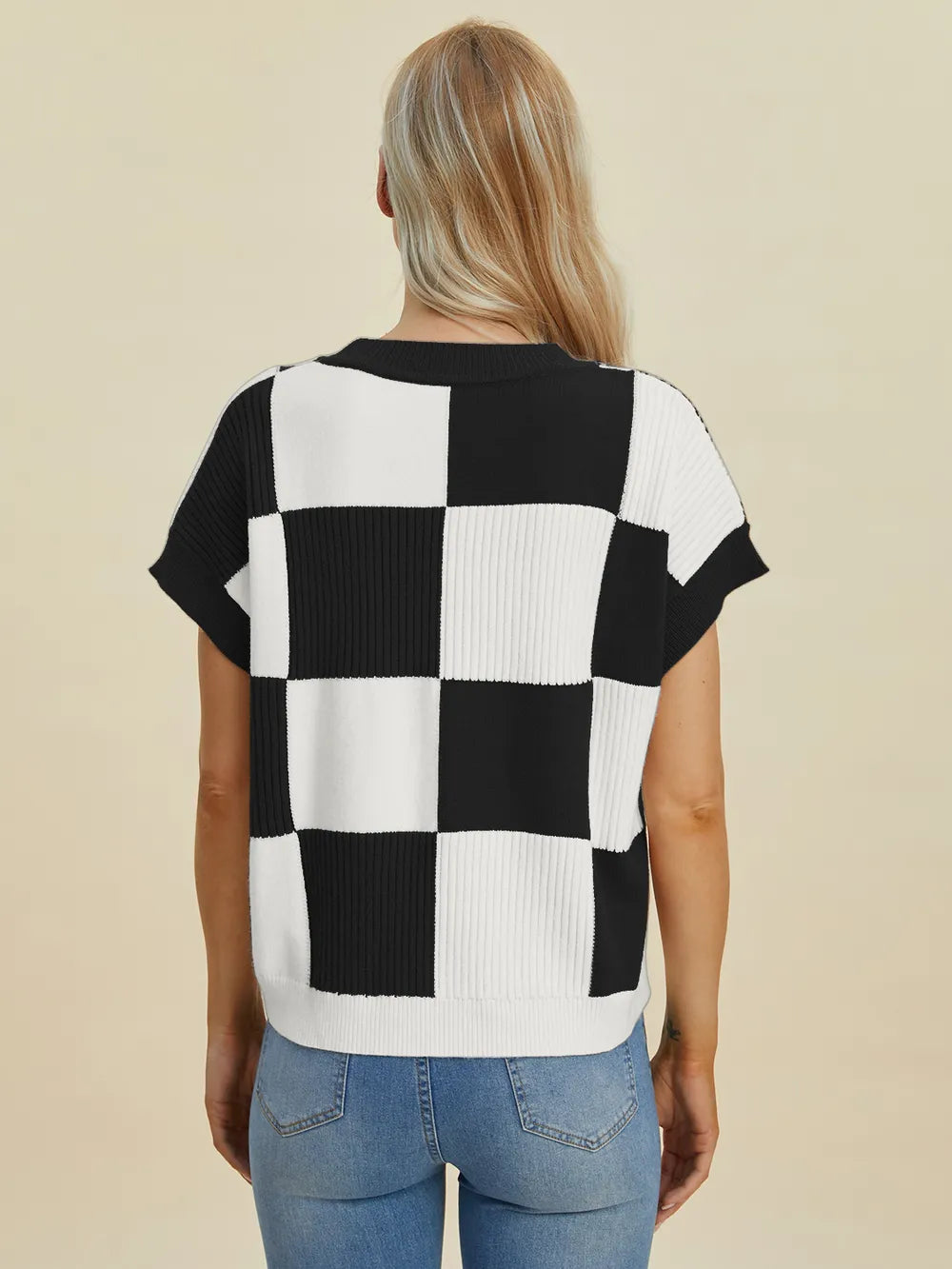 Double Take Full Size Checkered Round Neck Short Sleeve Sweater - LoveNest Treasures