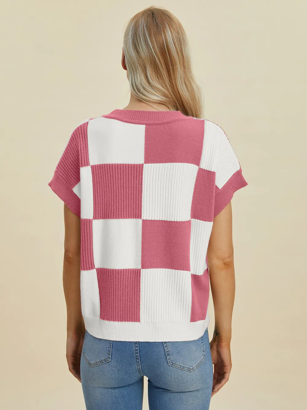 Double Take Full Size Checkered Round Neck Short Sleeve Sweater - LoveNest Treasures