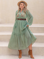 Plus Size Tassel Printed Tie Neck Long Sleeve Midi Dress - LoveNest Treasures