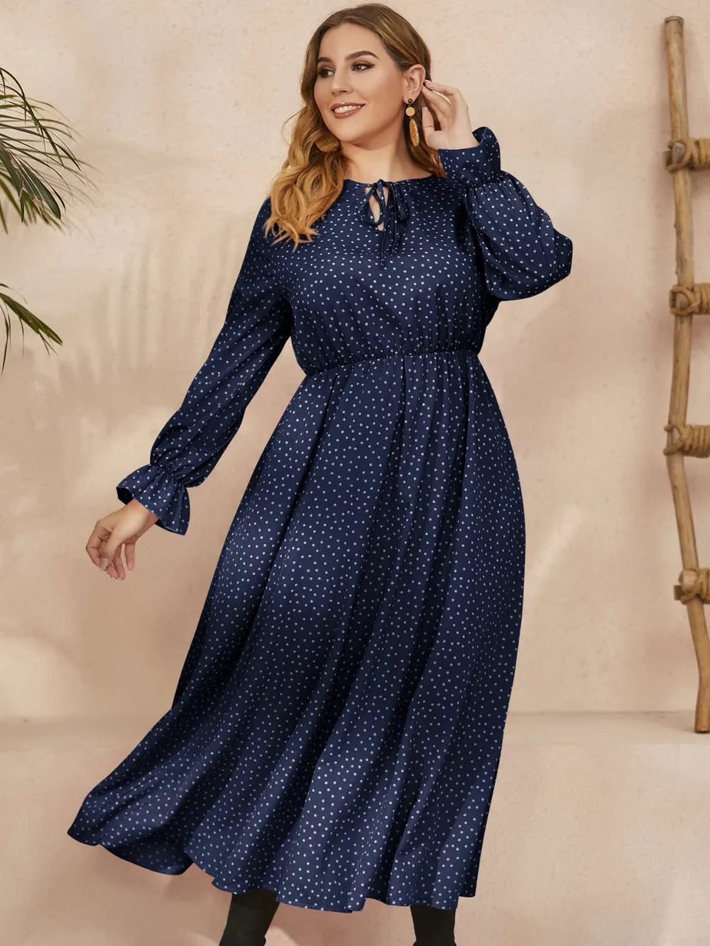 Honey Plus Size Ruffled Polka Dot Long Sleeve Midi Dress - LoveNest Treasures