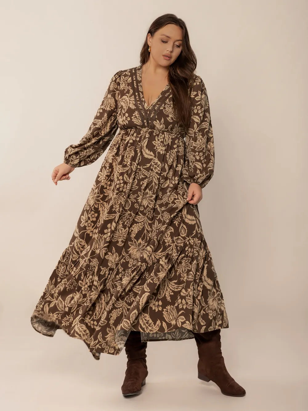 Plus Size Printed V-Neck Balloon Sleeve Maxi Dress - LoveNest Treasures
