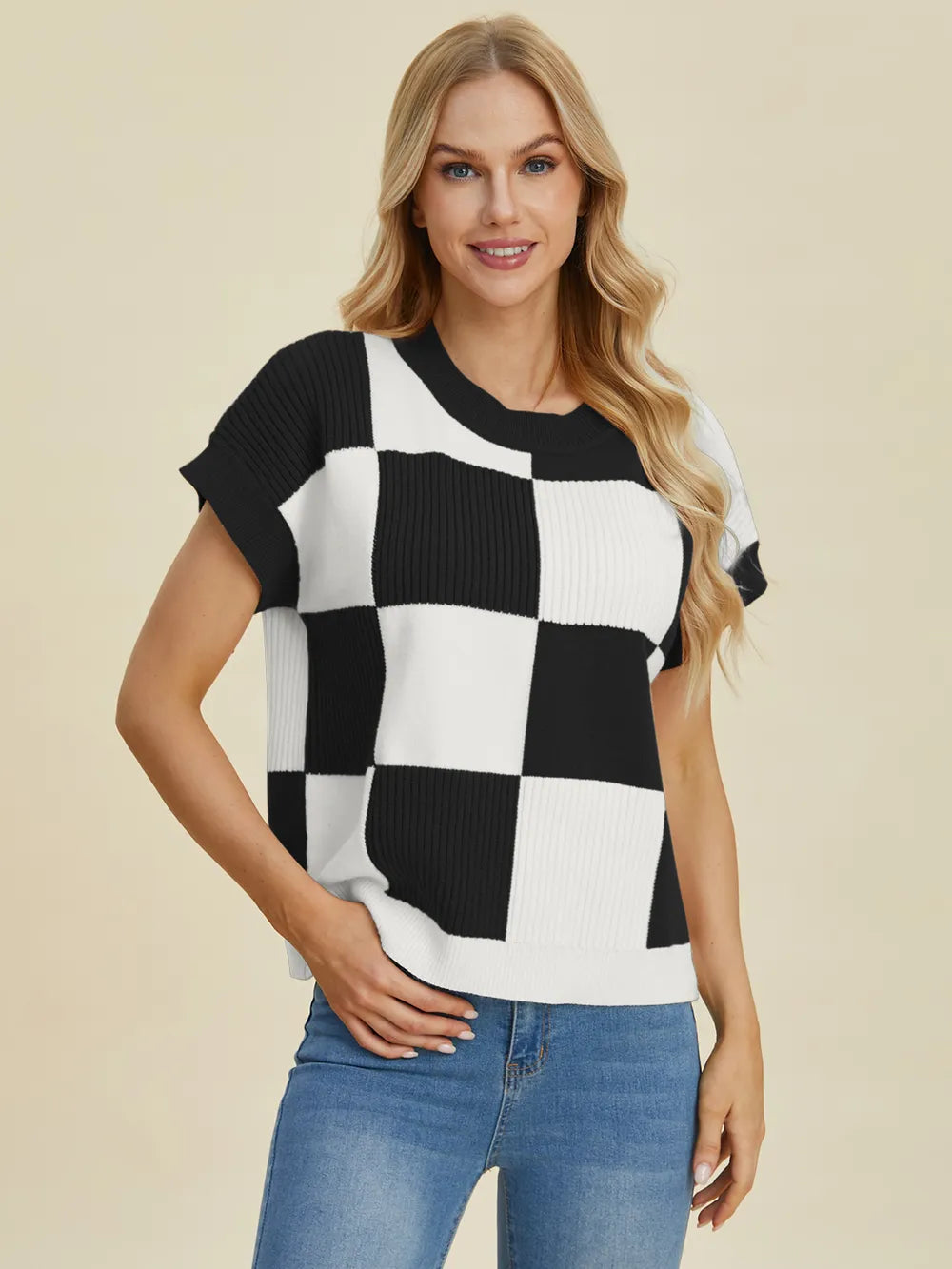 Double Take Full Size Checkered Round Neck Short Sleeve Sweater - LoveNest Treasures