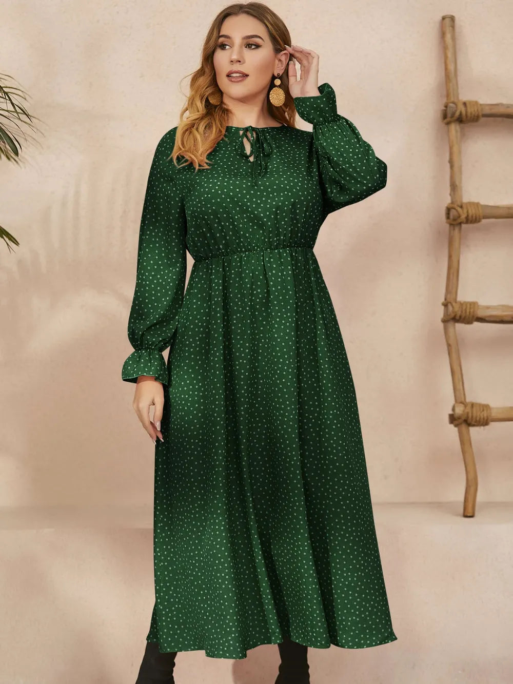 Honey Plus Size Ruffled Polka Dot Long Sleeve Midi Dress - LoveNest Treasures