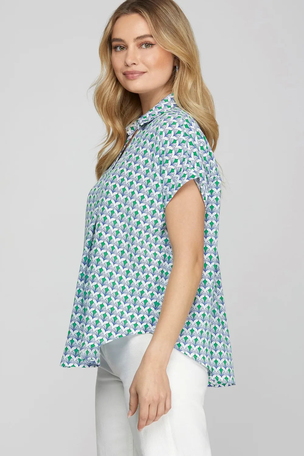 She + Sky Full Size Printed Johnny Collar Short Sleeve Blouse Plus Size - LoveNest Treasures