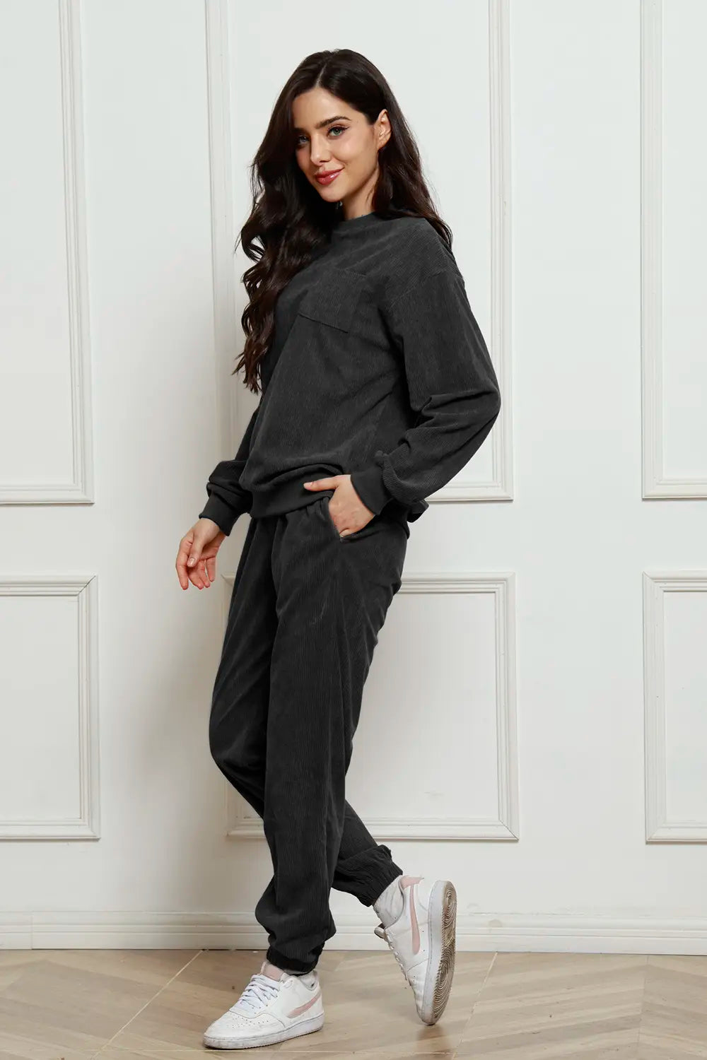 Corduroy Round Neck Sweatshirt and Sweatpants Set - LoveNest Treasures