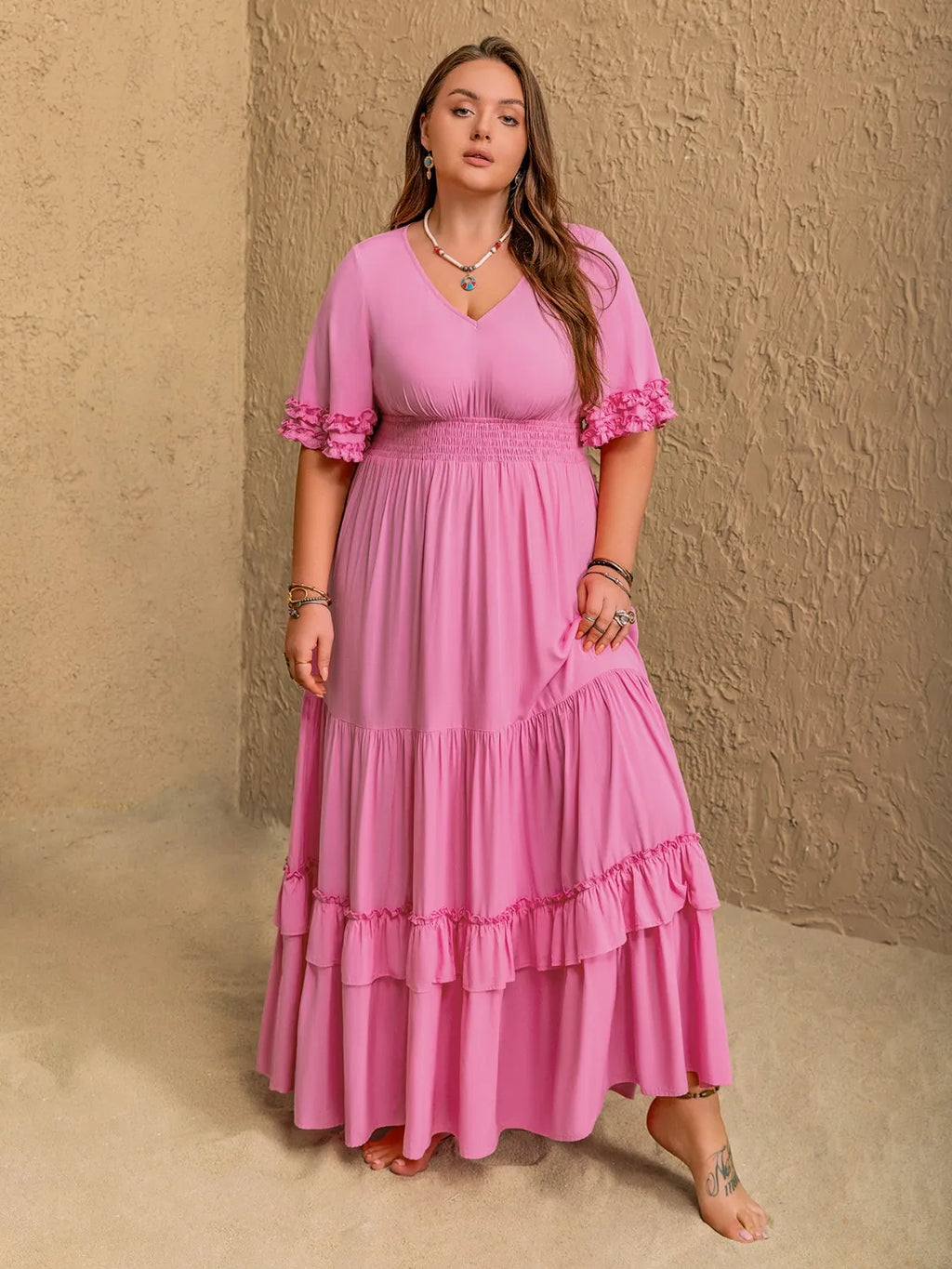 Plus Size V-Neck Half Sleeve Maxi Dress - LoveNest Treasures