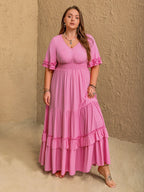 Plus Size V-Neck Half Sleeve Maxi Dress - LoveNest Treasures
