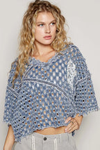POL V-Neck Short Sleeve Top with Laser Cut Detail - LoveNest Treasures