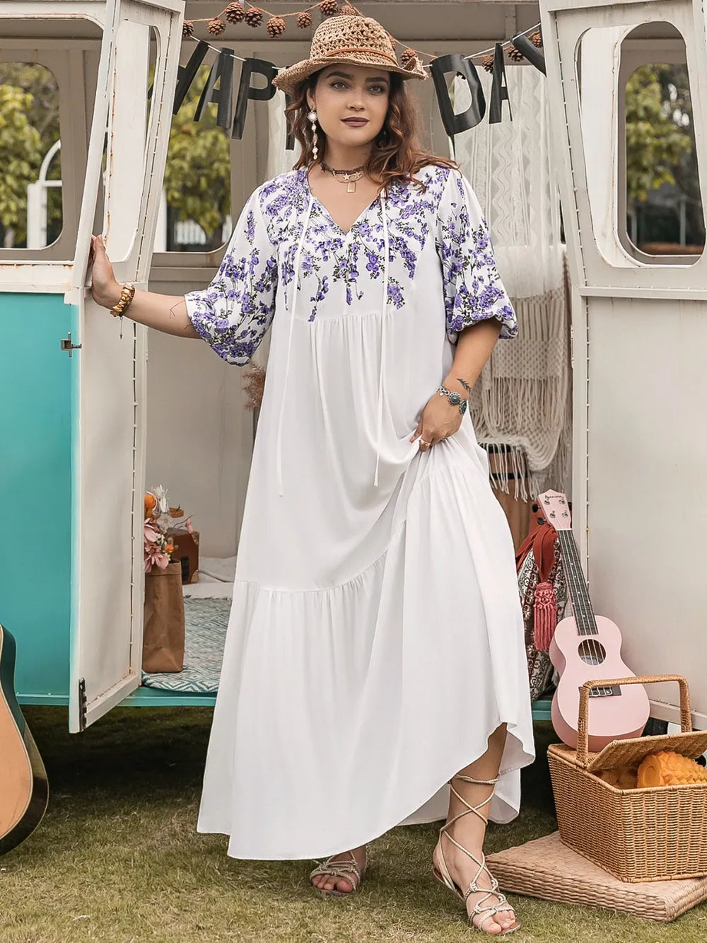 Plus Size Printed Tie Neck Half Sleeve Maxi Dress - LoveNest Treasures