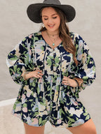 Plus Size Tied Printed Long Sleeve Romper - LoveNest Treasures