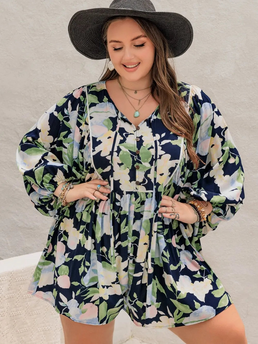 Plus Size Tied Printed Long Sleeve Romper - LoveNest Treasures