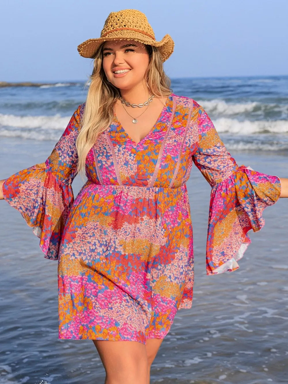 Plus Size Ruched Printed Long Sleeve Dress - LoveNest Treasures