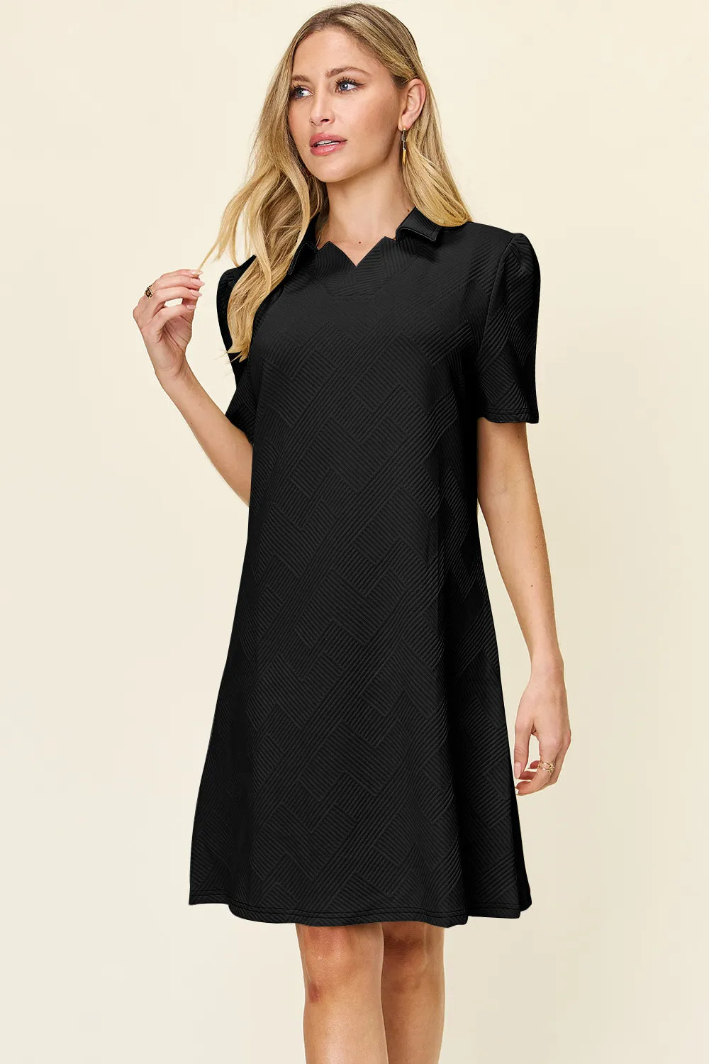 Double Take Full Size Texture Collared Neck Short Sleeve Dress - LoveNest Treasures