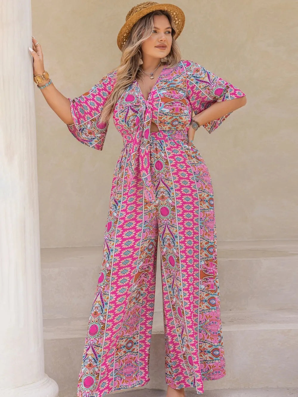 Plus Size Printed Half Sleeve Wide Leg Jumpsuit - LoveNest Treasures