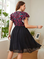 Honey Plus Size Floral Surplice Neck Flutter Sleeve Dress - LoveNest Treasures