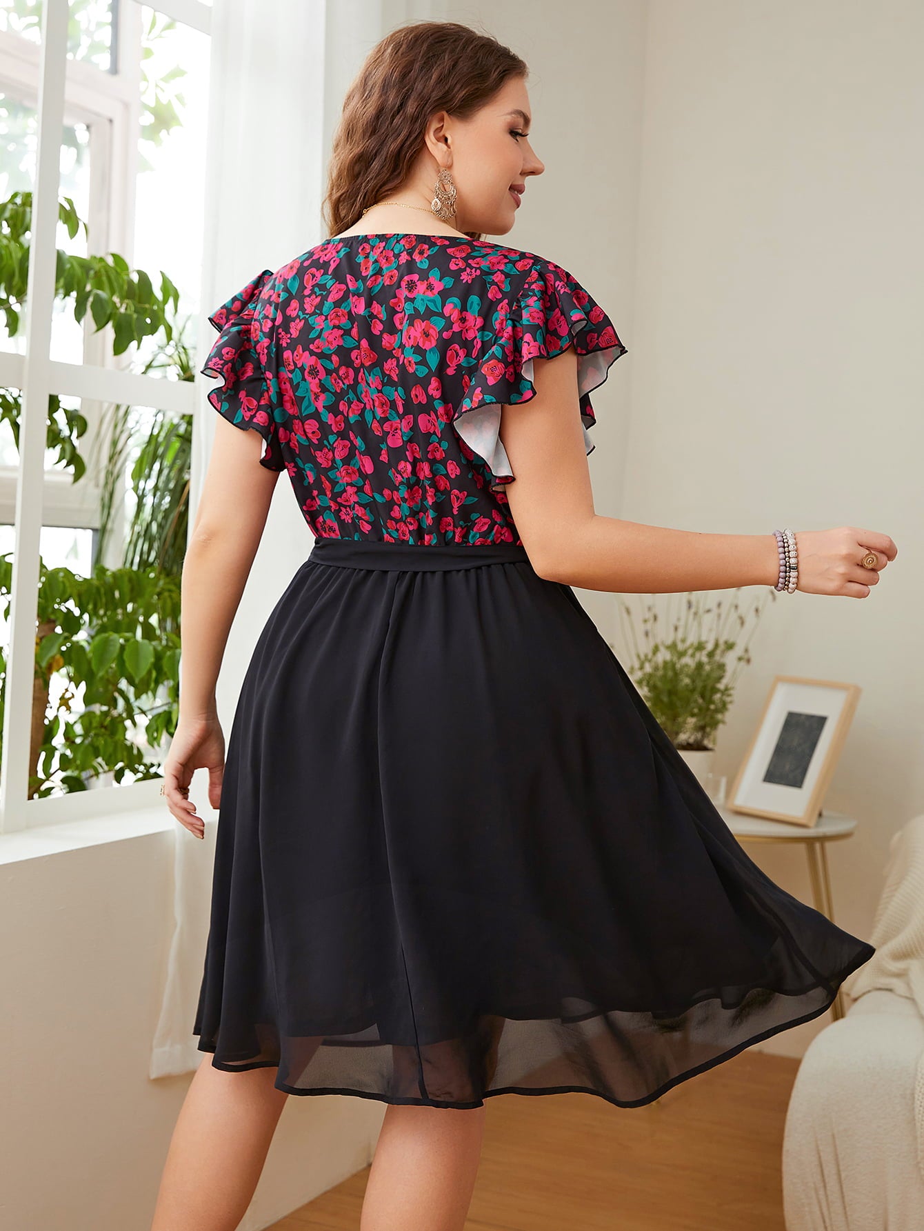 Honey Plus Size Floral Surplice Neck Flutter Sleeve Dress - LoveNest Treasures