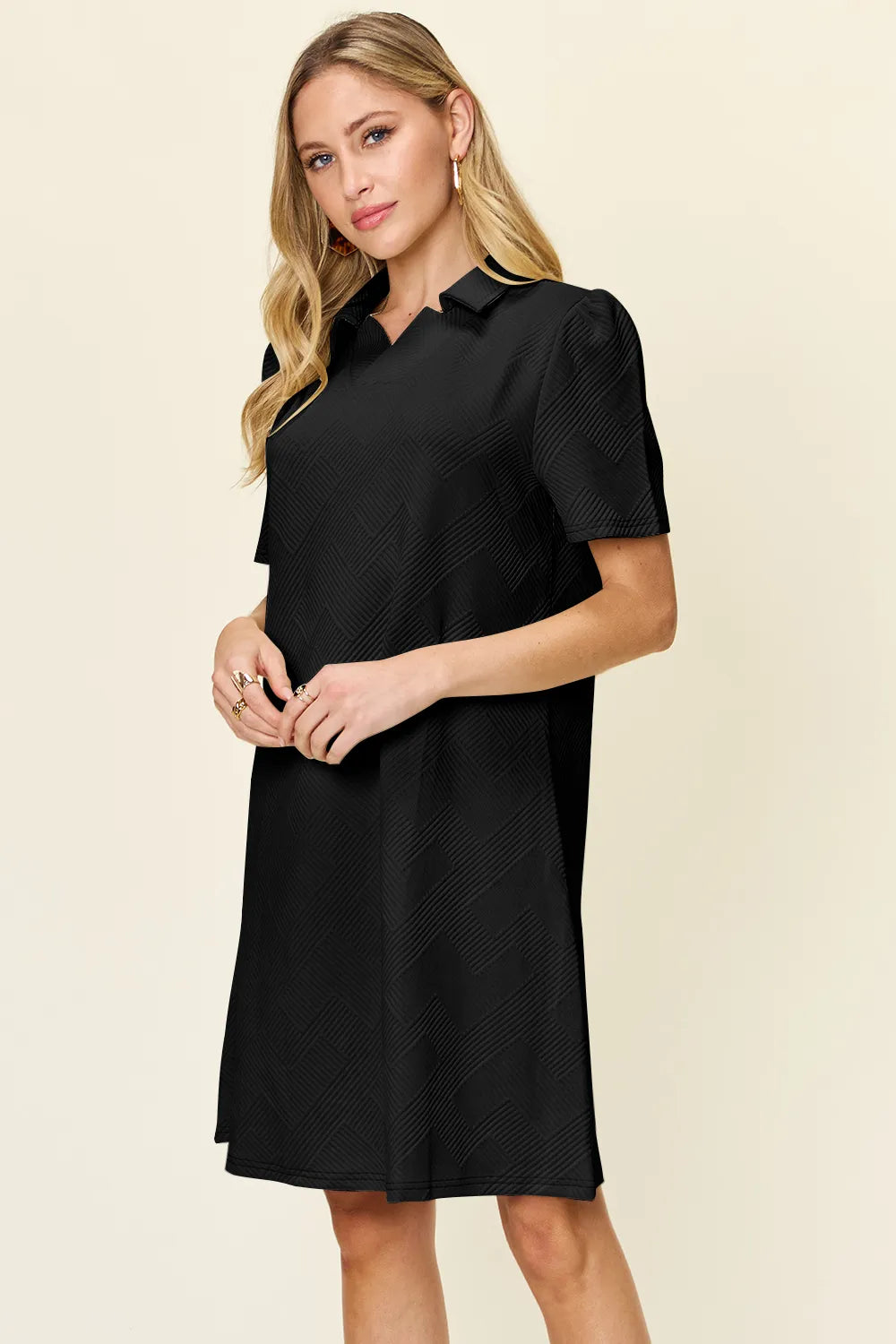 Double Take Full Size Texture Collared Neck Short Sleeve Dress - LoveNest Treasures