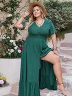 Plus Size Button Detail V-Neck Short Sleeve Maxi Dress - LoveNest Treasures