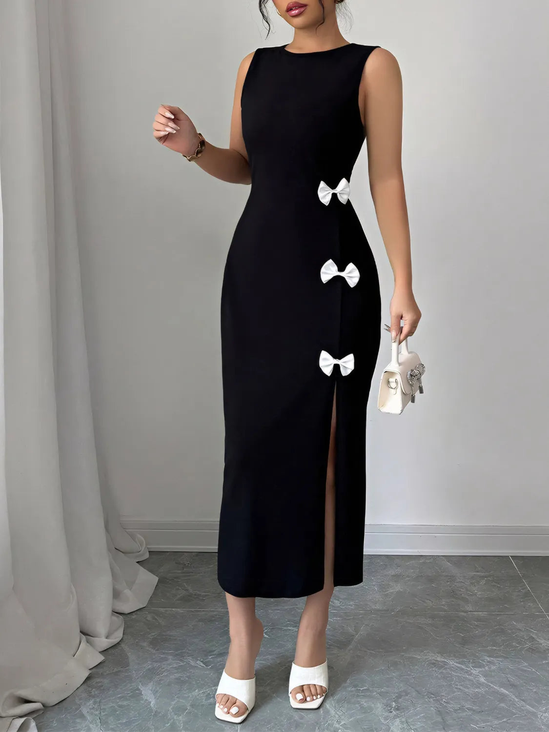 Bow Slit Round Neck Sleeveless Dress - LoveNest Treasures