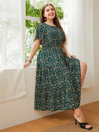 Honey Plus Size Floral Round Neck Short Sleeve Midi Dress - LoveNest Treasures