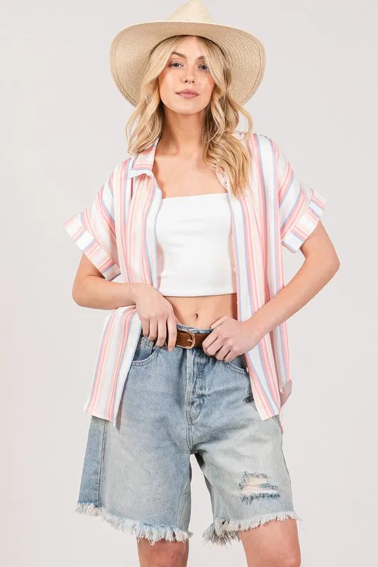 SAGE+FIG Full Size Multi Stripe Button Down Short Sleeve Shirt Plus Size - LoveNest Treasures