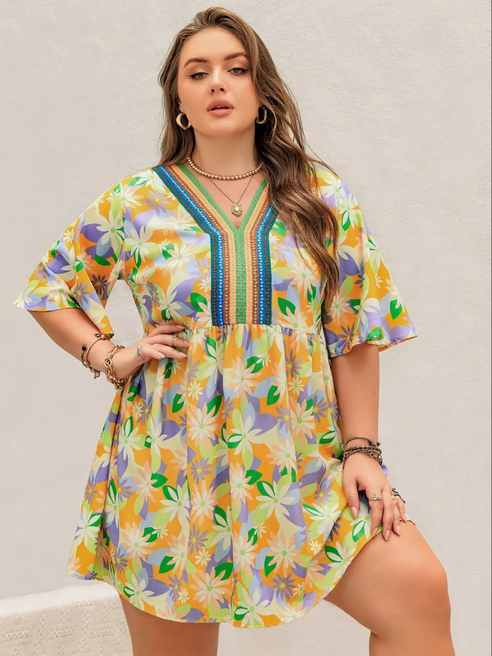 Plus Size Printed V-Neck Half Sleeve Mini Dress - LoveNest Treasures