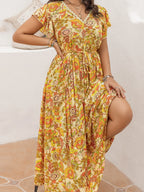 Plus Size Printed V-Neck Flutter Sleeve Tie Waist Maxi Dress - LoveNest Treasures