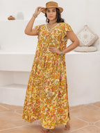 Plus Size Printed V-Neck Flutter Sleeve Tie Waist Maxi Dress - LoveNest Treasures