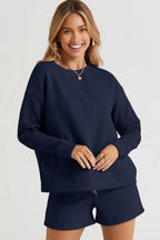 Double Take Full Size Texture Long Sleeve Top and Drawstring Shorts Set - LoveNest Treasures