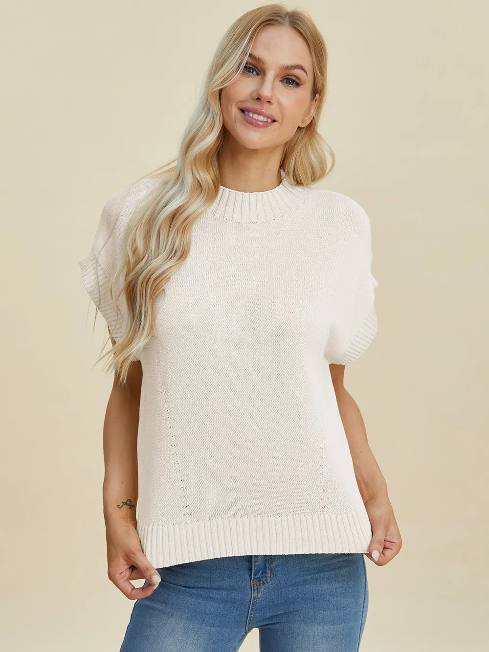 Double Take Full Size Mock Neck Short Sleeve Sweater - LoveNest Treasures