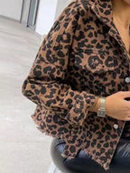 Raw Hem Leopard Collared Neck Denim Jacket - LoveNest Treasures
