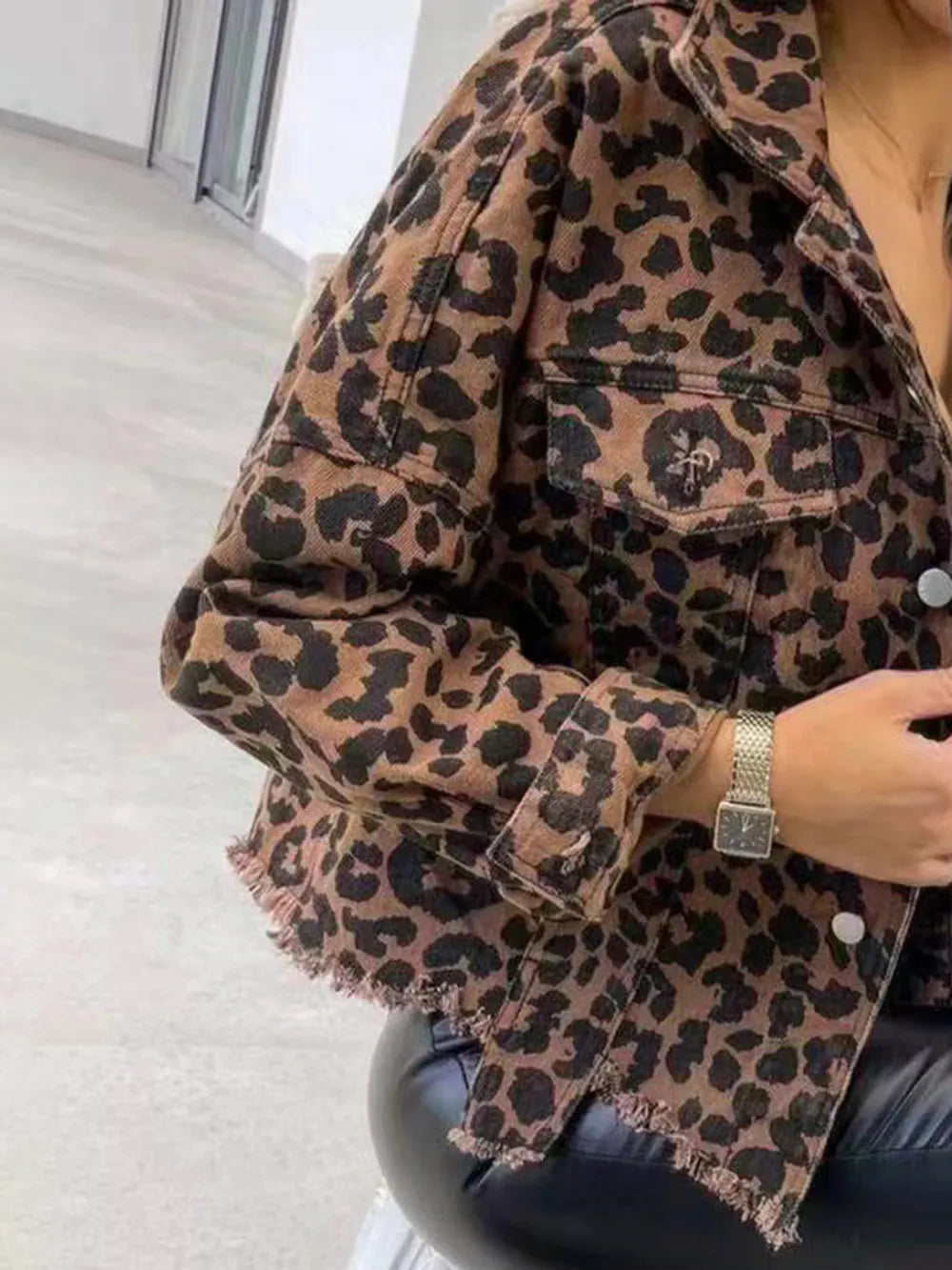 Raw Hem Leopard Collared Neck Denim Jacket - LoveNest Treasures