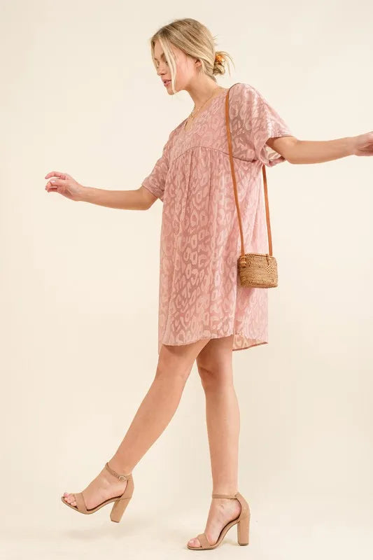 And The Why Woven Leopard Baby Doll Roll-Sleeve Casual Dress - LoveNest Treasures