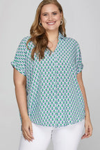 She + Sky Full Size Printed Johnny Collar Short Sleeve Blouse Plus Size - LoveNest Treasures