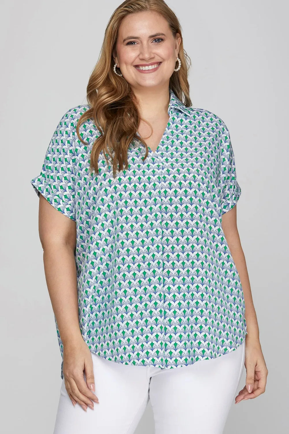 She + Sky Full Size Printed Johnny Collar Short Sleeve Blouse Plus Size - LoveNest Treasures