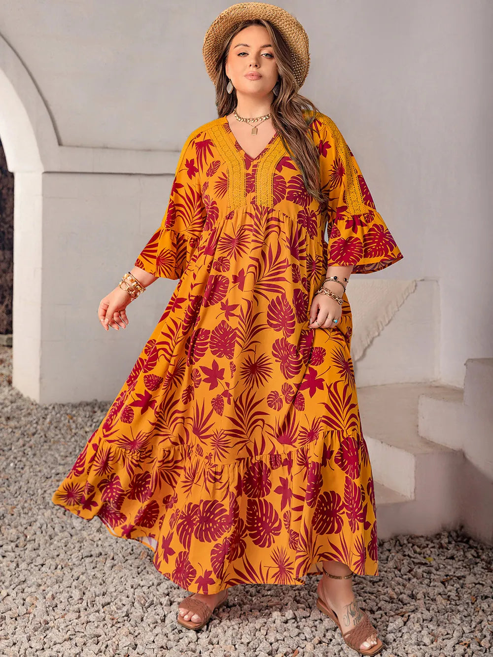 Plus Size Lace Detail Printed V-Neck Maxi Dress - LoveNest Treasures